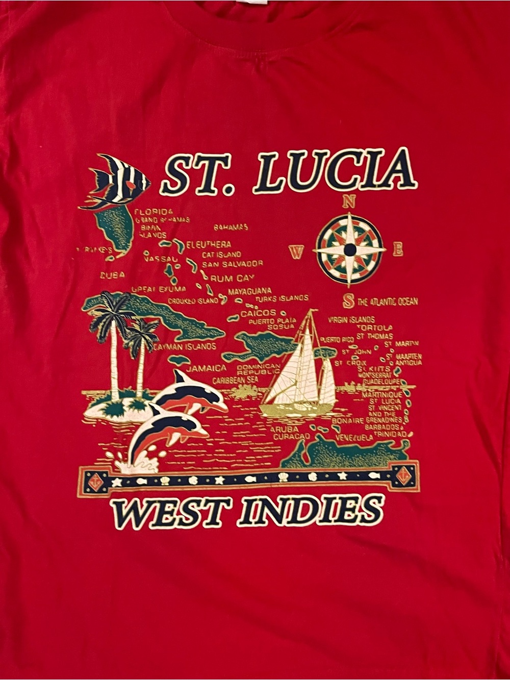 Vintage Women’s St Lucia West Indies Red Tshirt Small S M Sports 100% Cotton 796 - Picture 2 of 4
